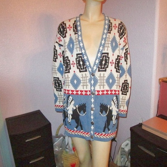 VTG Delia McKain NATIVE Warrior Size L CARDIGAN Sweater HORSE Cross AZTEC Pony - Picture 1 of 9